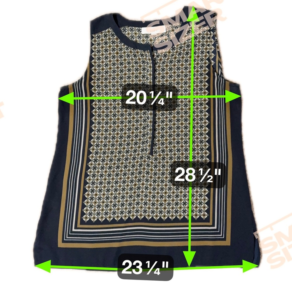 Loft Sleeveless Sz-Medium Geometric Print Button Neck Blouse Women's Navy Gold - Picture 9 of 10